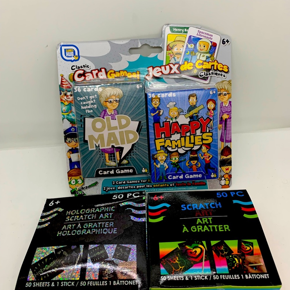 Rainy day fun time card games and art set old maid happy family glitter scratch